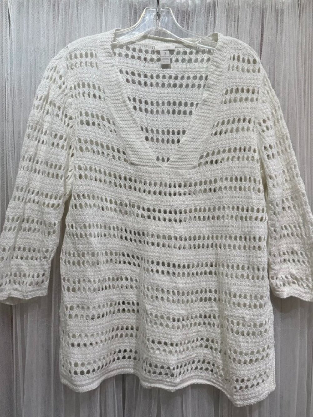 Chico's Crochet Top 3(XL) Linen Blend Open Knit Sweater Beach Crochet Coastal